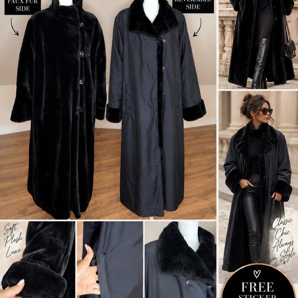 Reversible Black Faux Fur Maxi Coat Mob Wife Quiet Luxury Winter Glam Party Cozy - Picture 7 of 8